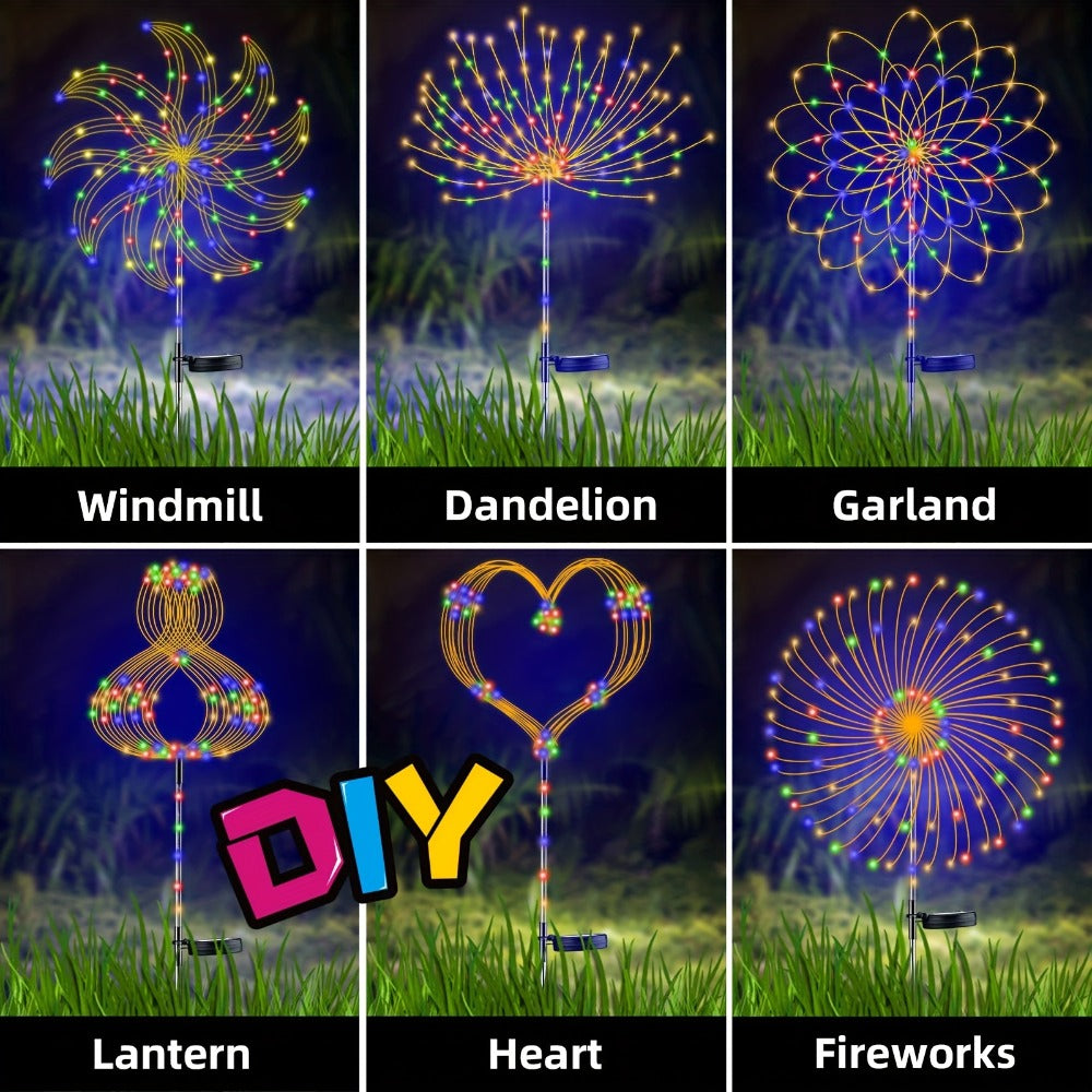 Solar Firework Stake Lights Outdoor 2 Pack - Touch Control Dimmable Starburst Ground Lights Warm White & Colorful 120 to 840 LEDs for Garden Pathway Lawn Party Wedding Christmas Halloween Decoration