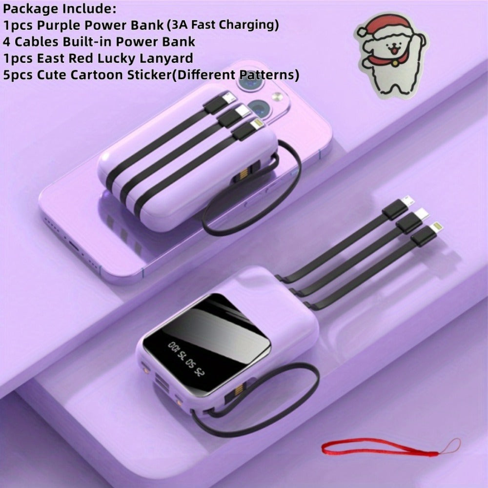 10000mAh Cute Cartoon Power Bank with 4 Built-In Cables & 22.5W Super Fast Charging - Portable Charger Dual LED Flashlight Compatible with iPhone Android USB-C, Travel Battery Pack Red Purple Black Yellow