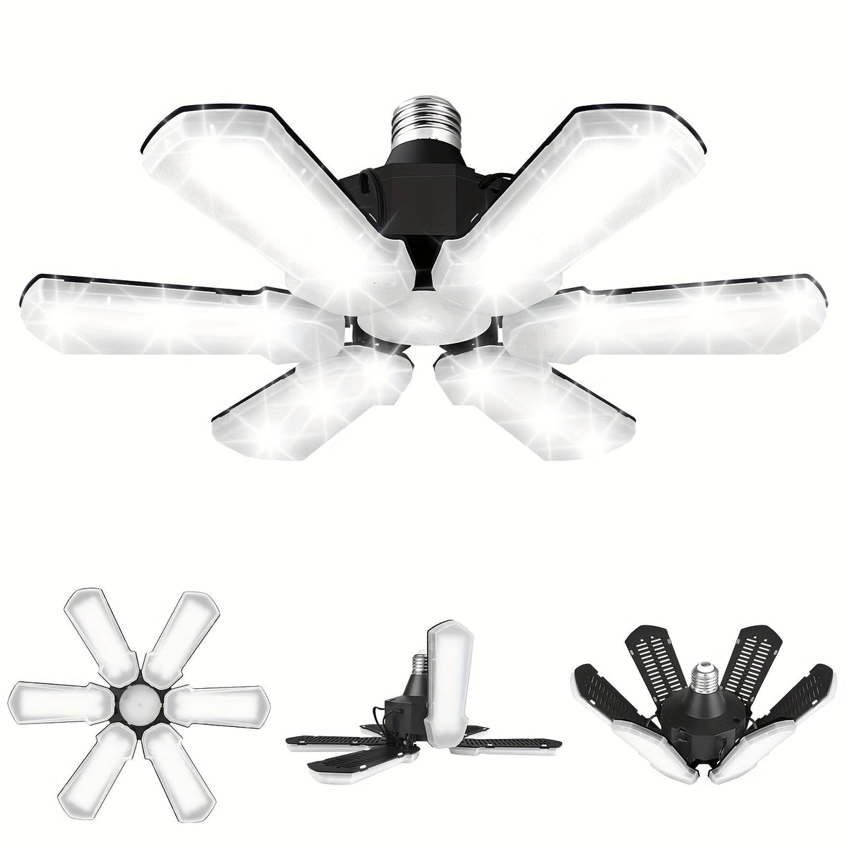 LED Garage Lights 25000LM Deformable – 250W Equivalent E26/E27 Screw-In Ceiling Shop Light with 6+1 / 8+1 Adjustable Panels for Garage, Basement, Attic & Warehouse (1, 2 or 4-Pack)
