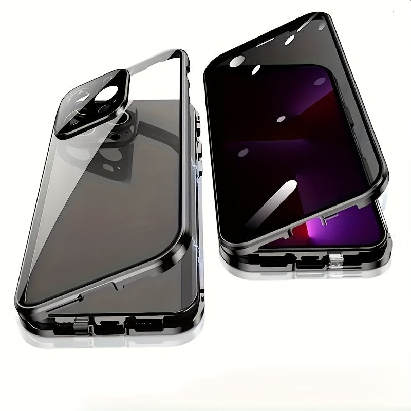Clear Back Privacy iPhone Case with Metal Frame & Magnetic Double-Sided Tempered Glass – Anti-Peep Anti-Spy Transparent Cover for iPhone 12 13 14 15 16 Pro Max Plus, Wireless Charging Compatible