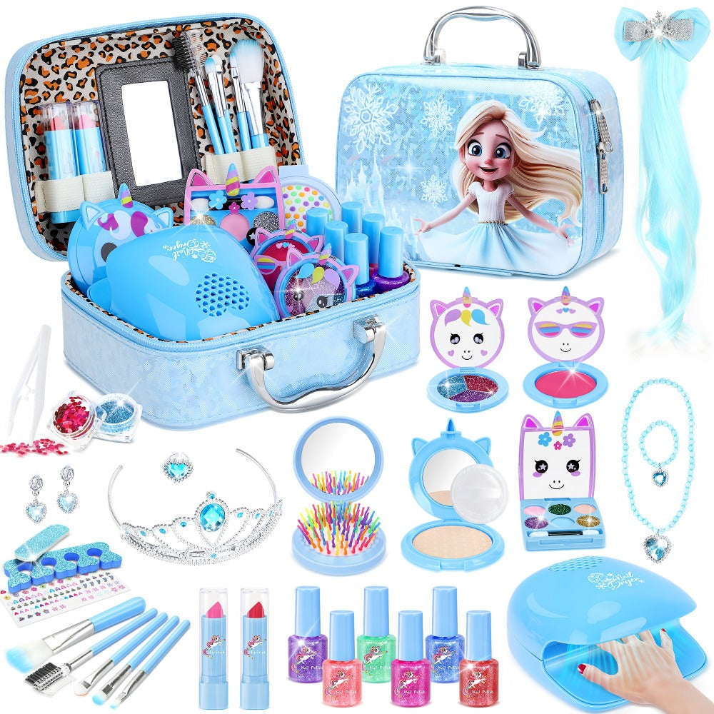 Kids Makeup Set for Girls – 2-in-1 Princess Makeup & Nail Art Kit with Mini Dryer & Accessories