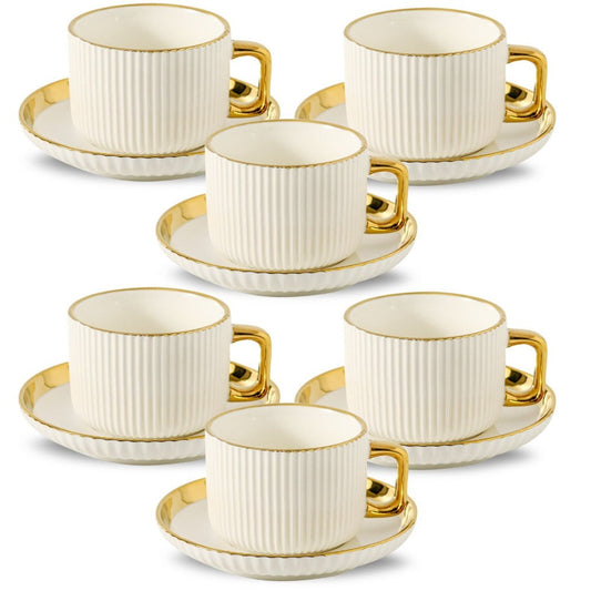 Ceramic Cappuccino Cups with Saucers, Set of 6, 8 oz with Gold Trim