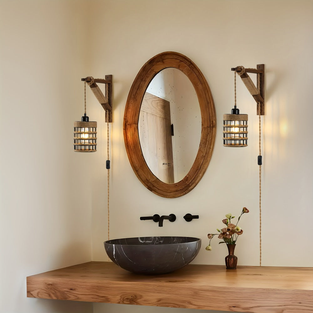 Plug In Wall Sconces Set of 2 or 1 – Rustic Farmhouse Wall Lamp with Metal Cage & Wooden Bracket, Plug-Into-Outlet Hanging Light for Bedroom, Living Room & Headboard