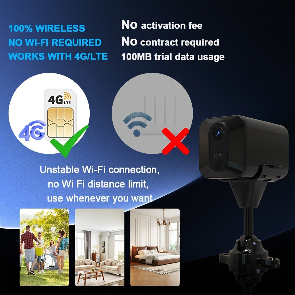 4G LTE Security Camera 4K Wireless No WiFi Needed – Infrared Night Vision, Rechargeable Battery, PIR Human Detection, Two-Way Audio, No Power Plug Required, Works Anywhere with Cell Signal
