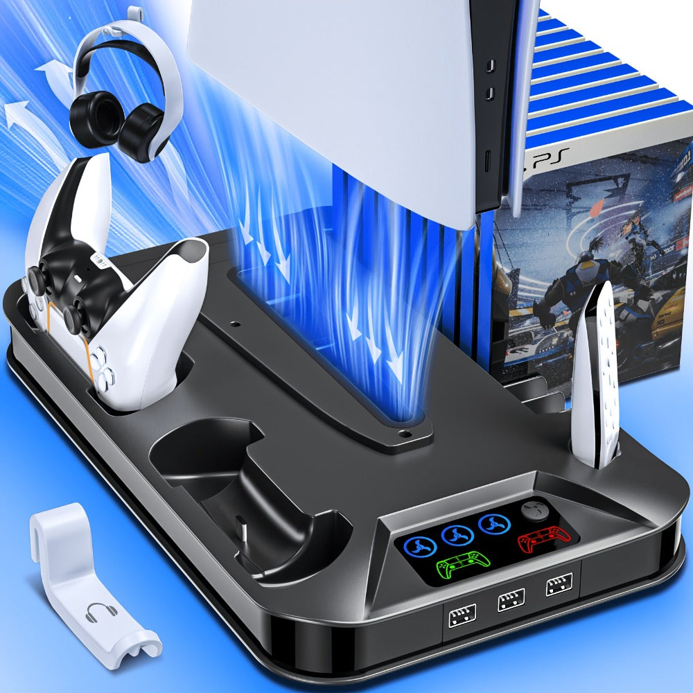 PS5 Pro Slim Cooling Station with Controller Charging Station for PS5/Slim/Pro Standard & Disc/Digital Console, Stand Cooler Accessories with Cooling Fan, 3 USB Hubs, Headset Holder & Screw Included