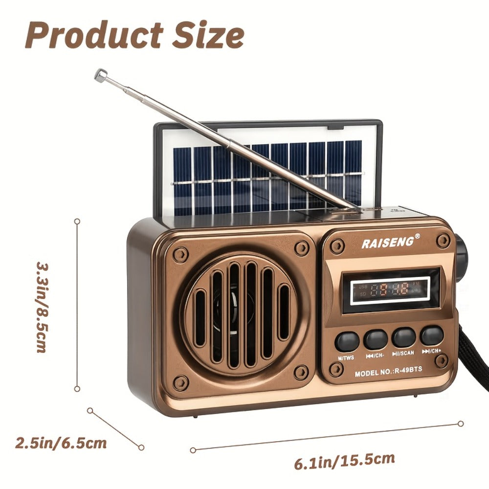 FM Portable Radio R-49BTS Retro Solar Panel Bluetooth Speaker, USB TF Card Playback, Loud Digital Radio for Indoor Outdoor Travel Emergency Camping, Independence Day Gift