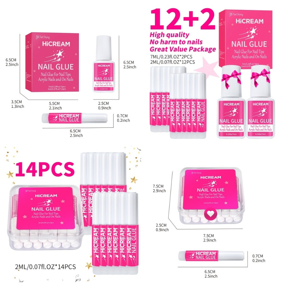 Nail Glue Set for Press On Nails Water Resistant Unscented Brush On Liquid Adhesive DIY Nail Art Enhancement Gel Formula Multi-Pack 14pcs 28pcs