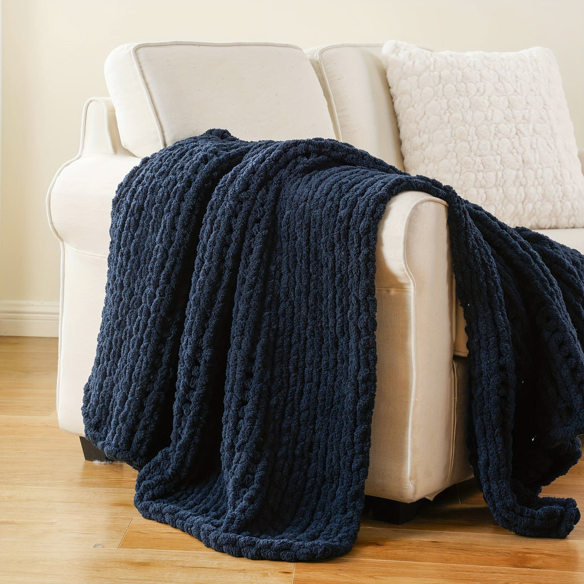 Chunky Chenille Cable Knit Throw Blanket – 350-400gsm Soft Warm Crochet Throw for Sofa, Bed & Couch, Vintage Patchwork, 14 Colors