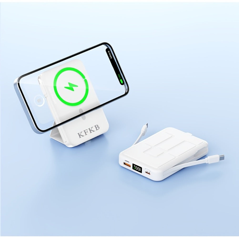 Magnetic Power Bank 10000mAh USB-C Fast Charging – Built-in Cable, Charges 5 Devices & Laptops Simultaneously, Foldable Stand, Portable External Battery for Travel Work Daily Use