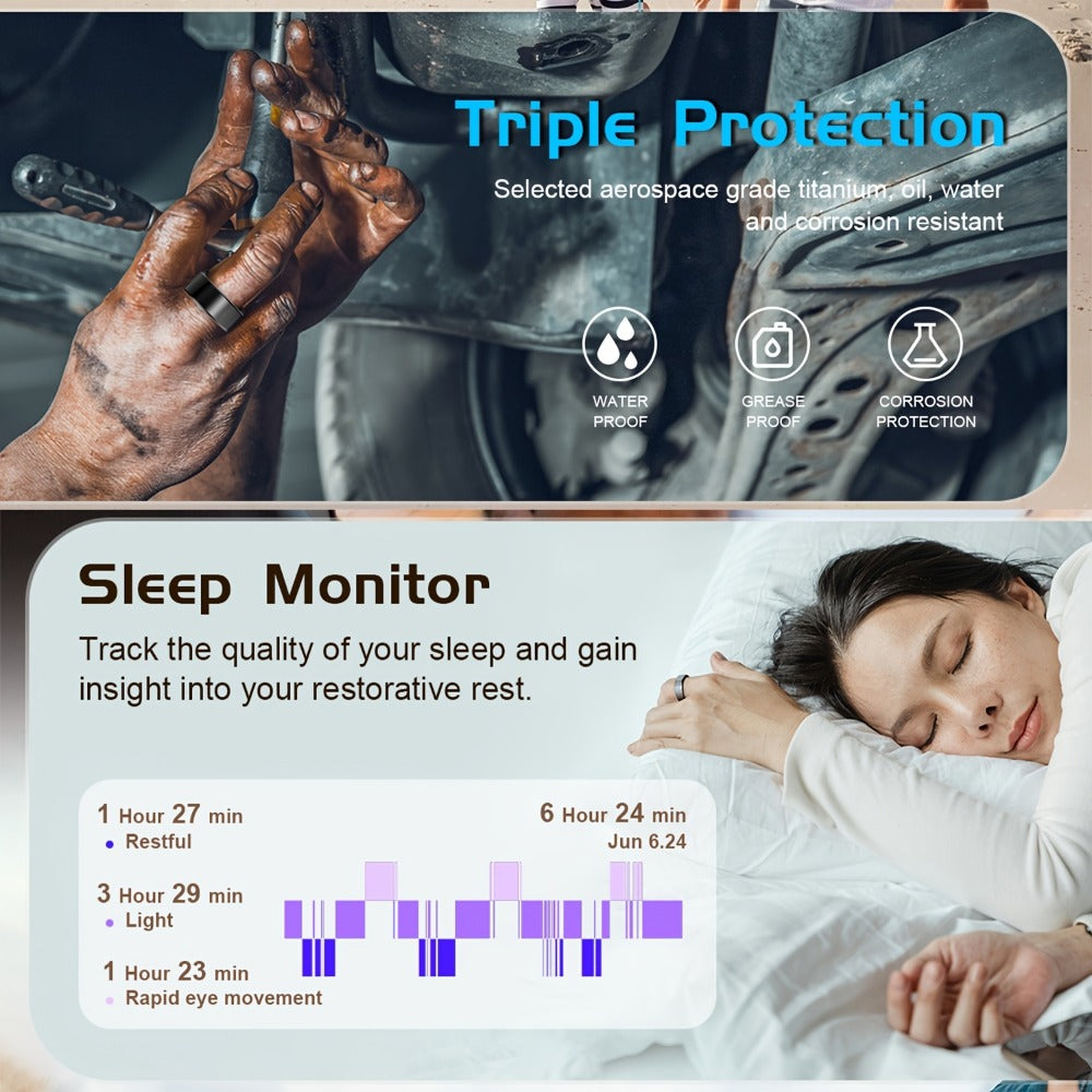 Smart Ring Health & Fitness Tracker Titanium – IP68 Waterproof, Sleep Heart Rate Step Calorie Stress Monitor, BLE 5.3 Magnetic Charging, Android iOS Compatible | Men Women Gift | Black Silver