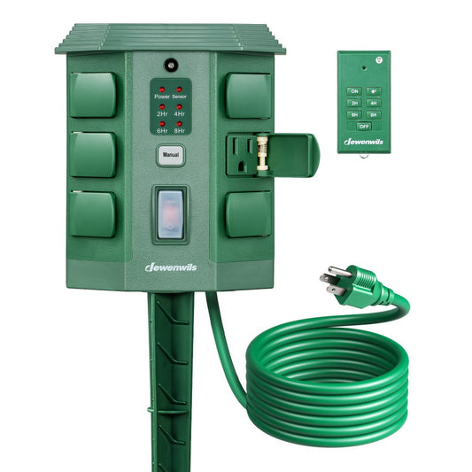 Outdoor Power Stake Timer with 6 Outlets, Dusk-to-Dawn Sensor and 100-ft Remote