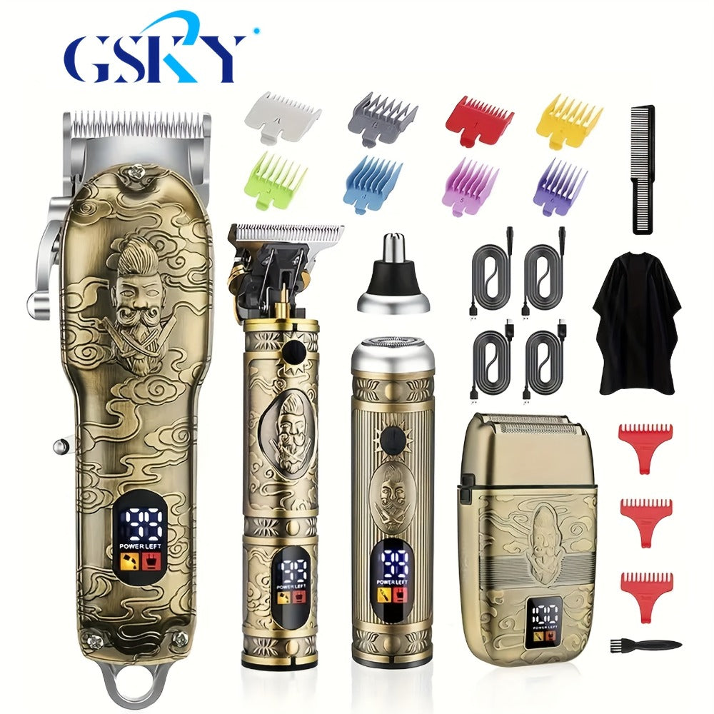 Professional Hair Clippers Trimmer Set for Men - T-Blade Trimmer Nose Hair Trimmer Electric Razor LCD Display USB Rechargeable Zinc Alloy Ergonomic Grooming Kit Bronze