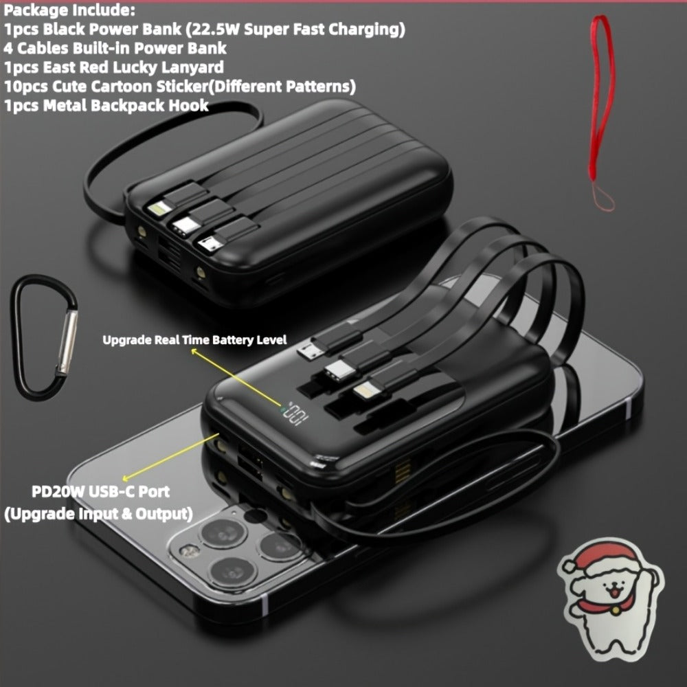 10000mAh Mini Power Bank 4 Built-In Cables Ultra-Bright LED Digital Display – 22.5W Super Fast Charging Multifunctional Portable Charger for Outdoor Travel, Compatible with iPhone Android Samsung