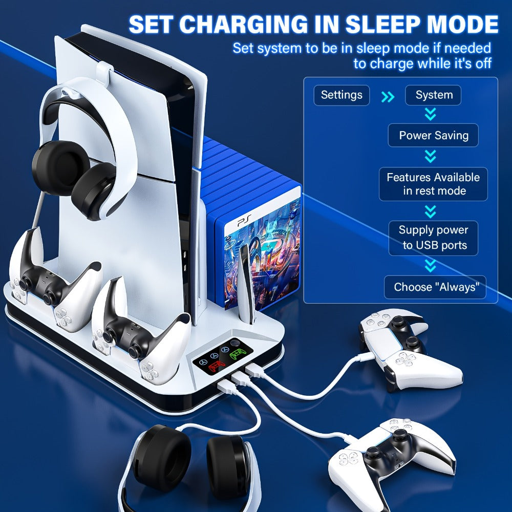 Auto Turbofan PS5 Cooling Stand with 3-Level Speed Control & Dual Controller Charger for PS5 / PS5 Slim / PS5 Pro – Charging Station for All PlayStation 5 Console Editions, Great Christmas Gift