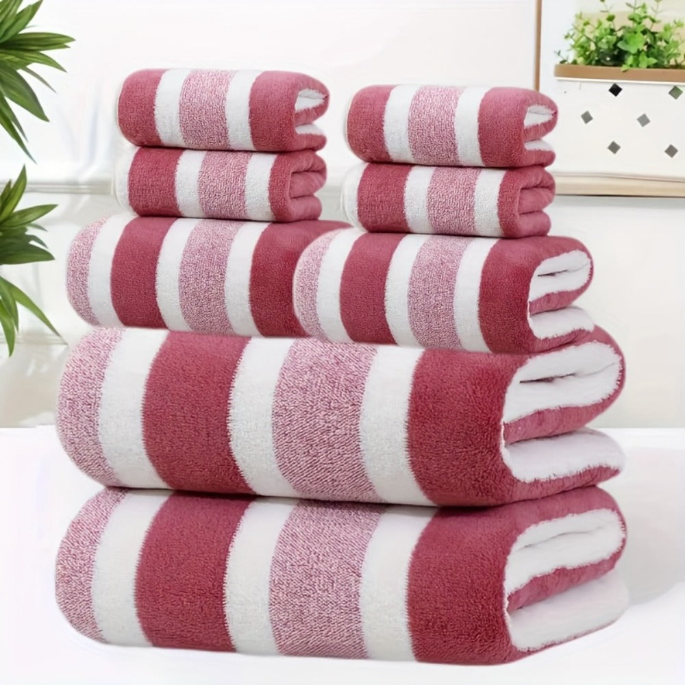 Hotel Towel Set 8 Piece No Hair Loss 280GSM - Five Star Standard Two-Color Striped Super Soft High Absorbency | 2 Bath Towels 2 Face Towels 4 Hand Towels | Grey Red Green | Home Bathroom Spa Gift
