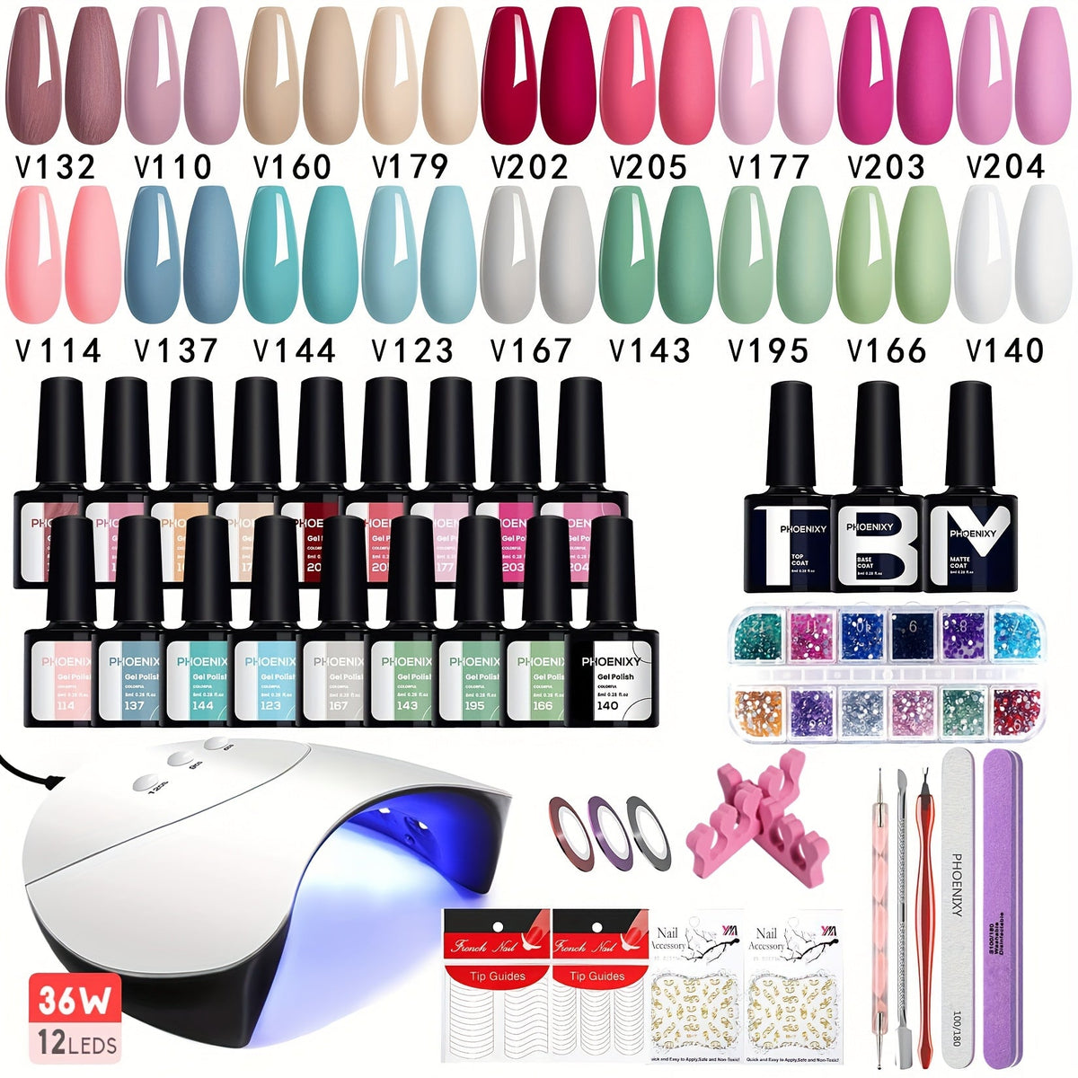Gel Nail Polish Kit 36 Pieces with 36W UV LED Nail Lamp — Pink Red Purple Black Brown Blue Gel Polish Colors & Complete Manicure Tools Set for Home Salon Nail Art Women