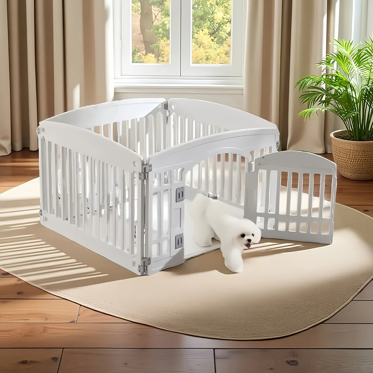 Dog Pen 4 Panel with Non-Slip Bottom & Safety Locking Door - Portable Expandable Indoor Outdoor Pet Pen for Medium Dogs & Puppies, Lightweight Durable Puppy Enclosure in Black & White