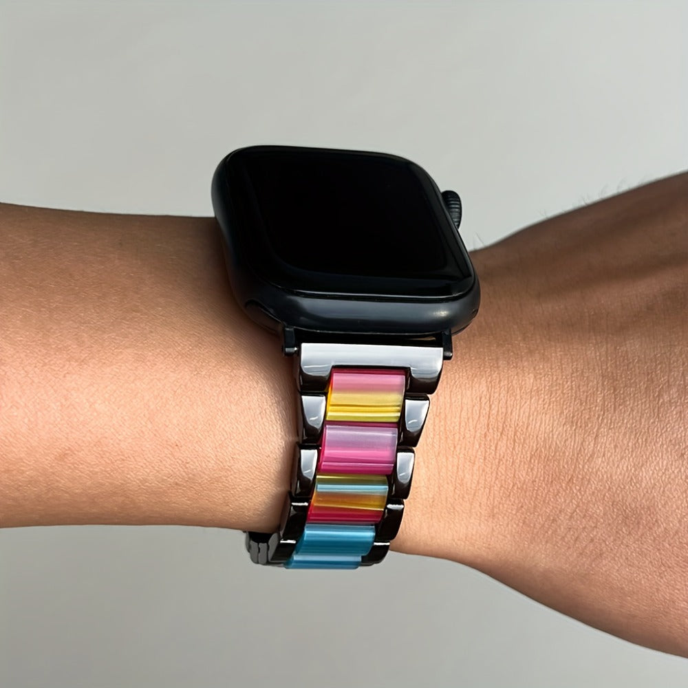 Stainless Steel Resin Apple Watch Band for Women – Gradient Brown & Rainbow Color Fashion Strap Compatible with Apple Watch Series 1–11 SE Ultra Ultra 2 38 40 41 42 44 45 46 49mm