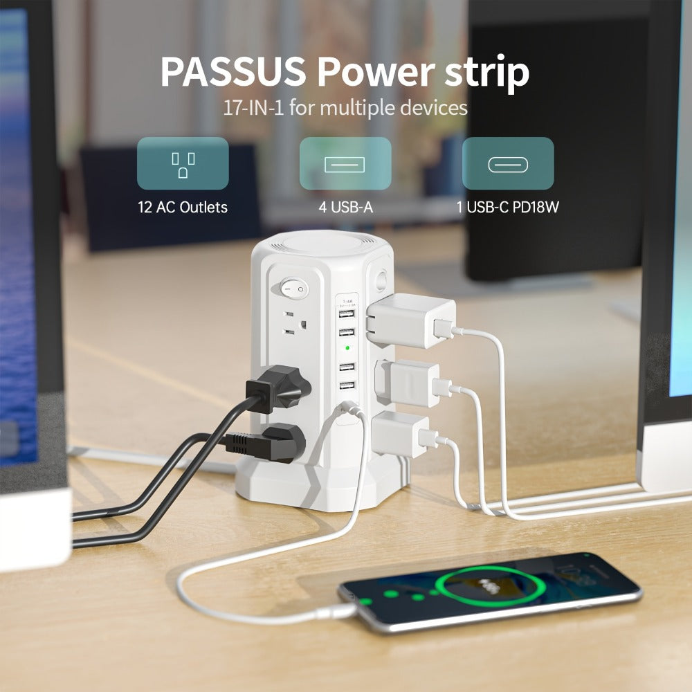 PD18W USB-C Power Strip Tower 21-in-1, 16 AC Outlets & 5 USB Ports, 1500J Surge Protector, Angled Flat Plug, 6ft 13A Extension Cord, Fast Charging Desktop Power Tower for Home Office Dorm – White