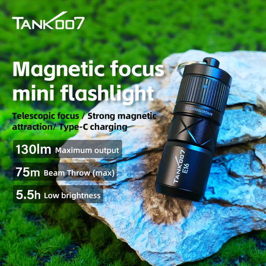 LED Flashlight Tank 007 E16, USB-C Rechargeable with Magnetic Switch and Zoomable Beam