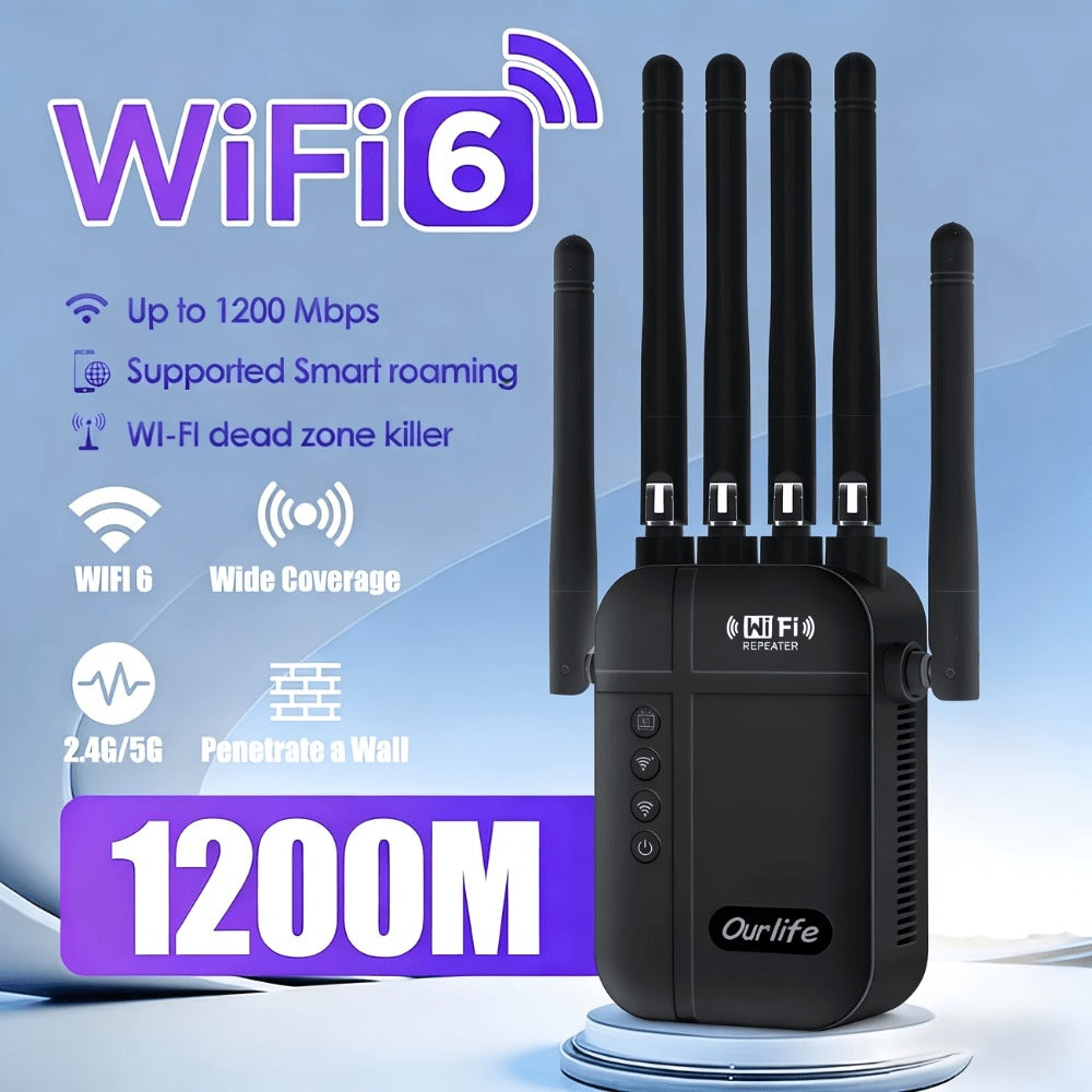 WiFi Extender 1300Mbps Dual Band AP & Relay Mode - 4 Powerful Antennas Full House Coverage, Ethernet Port, Eliminates Dead Zones, for Home Office Gaming Streaming, White Black