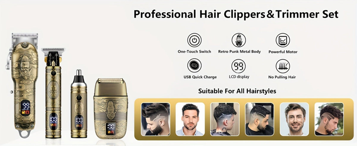Professional Hair Clippers Trimmer Set for Men - T-Blade Trimmer Nose Hair Trimmer Electric Razor LCD Display USB Rechargeable Zinc Alloy Ergonomic Grooming Kit Bronze
