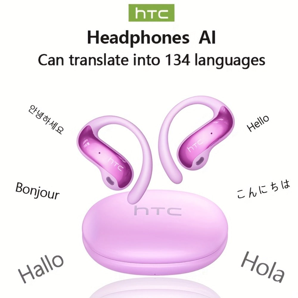 HTC NE19 AI Translation Earbuds TWS 134 Languages, Open-Ear Wireless Bluetooth 5.4 HiFi Audio, Long Battery Life Hands-Free Earphones for Travel Business Sports Casual Daily Use