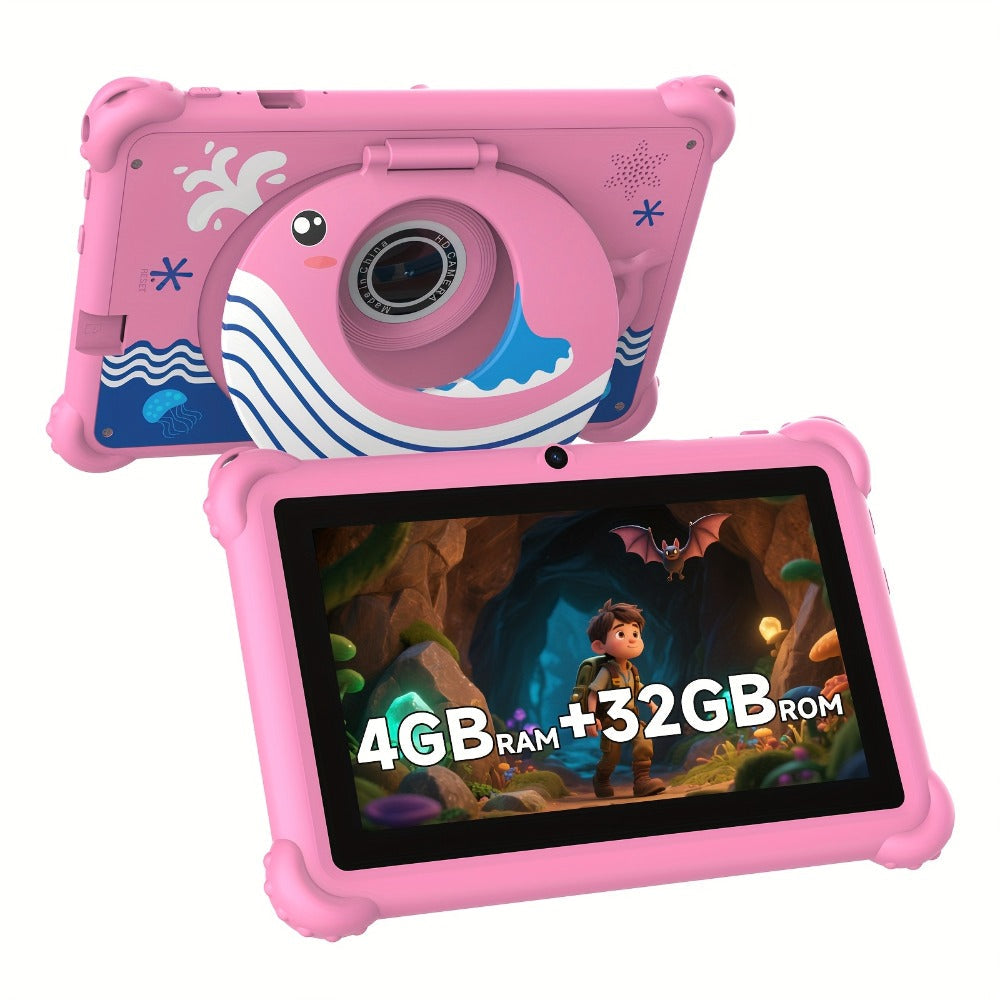ABS Case Kids Tablet 7 Inch Android 4GB RAM 32GB ROM 512GB Expandable Parental Controls Eye Protection Display Dual Camera WiFi Stereo Speakers Type-C Durable Learning Tablet for Children Ages 3-12 Pink Blue