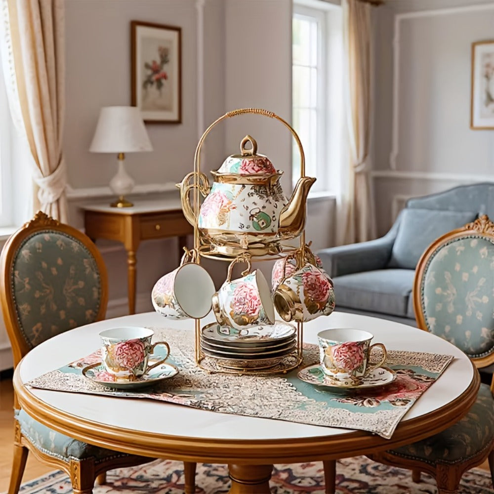 European Floral Ceramic Tea Set 20 Pcs – Italian Style Afternoon Tea Set with Metal Stand – Blooming Pattern Teapot & Cups – Elegant Gift for Tea Lovers & Special Occasions – Golden