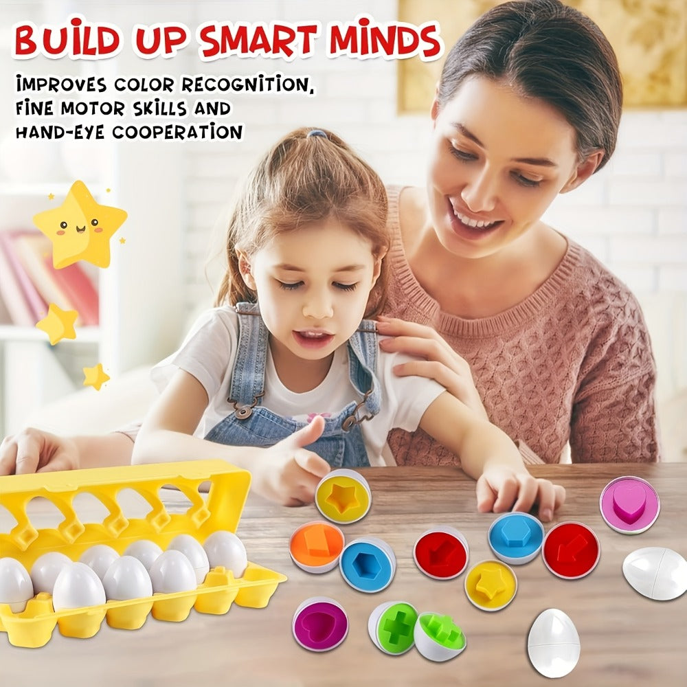 Color & Shape Matching Eggs Toy for Toddlers – Montessori Sorter Puzzle Set, Sensory Early Learning Fine Motor Skills Toy, Travel Game & Easter Basket Gift for Preschool Boys & Girls (Random Colors)