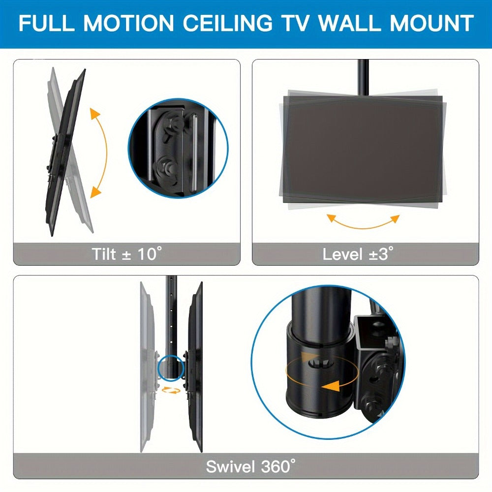 Ceiling TV Mount 37-75 Inch - 360° Swivel & Tilt Adjustable Bracket for Flat & Curved TVs up to 110 lbs, VESA 600x400mm, Stainless Steel, for Home Restaurant Gym