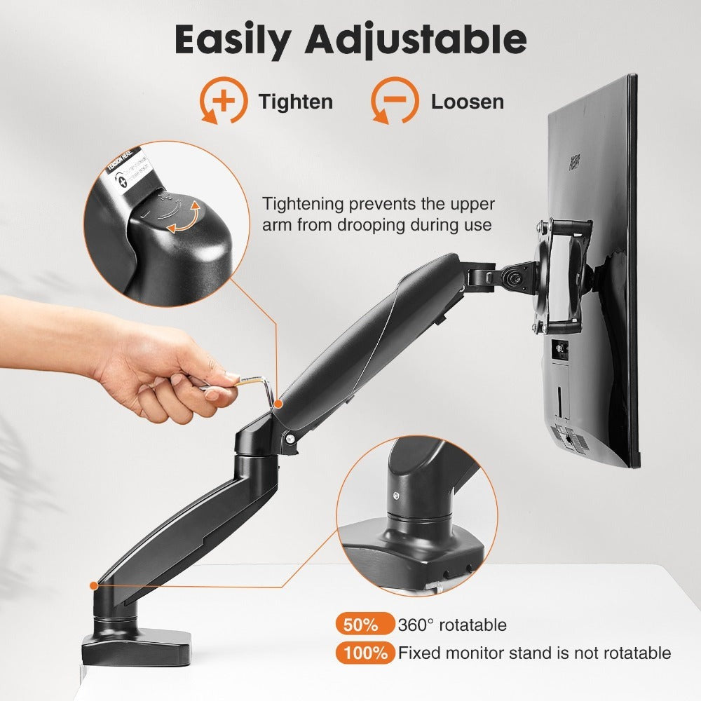 Gas Spring Monitor Arm Single Dual, Ergonomic Desk Mount for 13-32 Inch Screens up to 17.6 lbs, Adjustable Height, 360° Swivel, Full Motion VESA Monitor Stand for Home Office