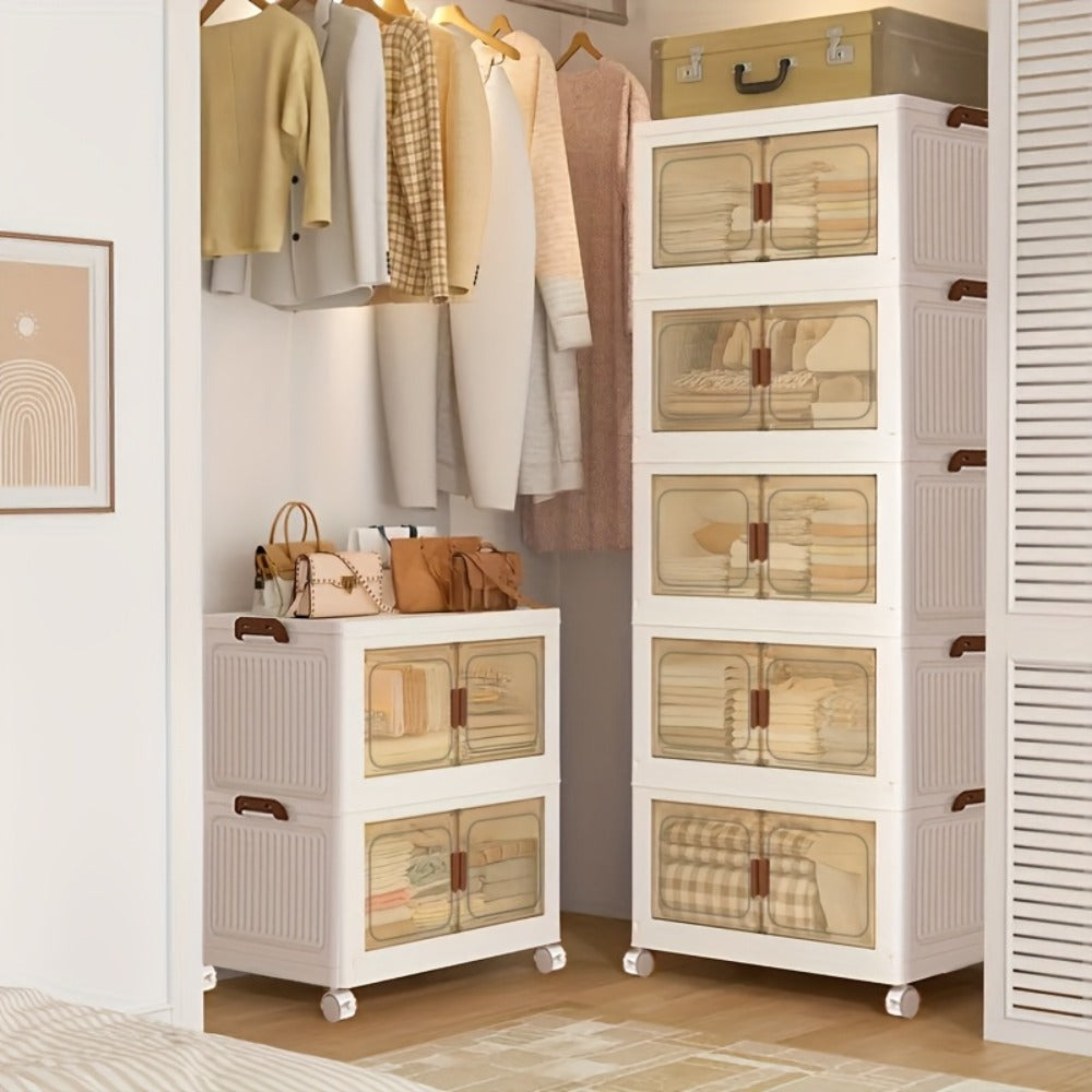 Foldable Storage Cabinet with Door – Multi-Layer Stackable Storage Box for Shoes, Clothes & Books | Large Closet Organizer for Bedroom, Bathroom, Kitchen, Office & Wardrobe