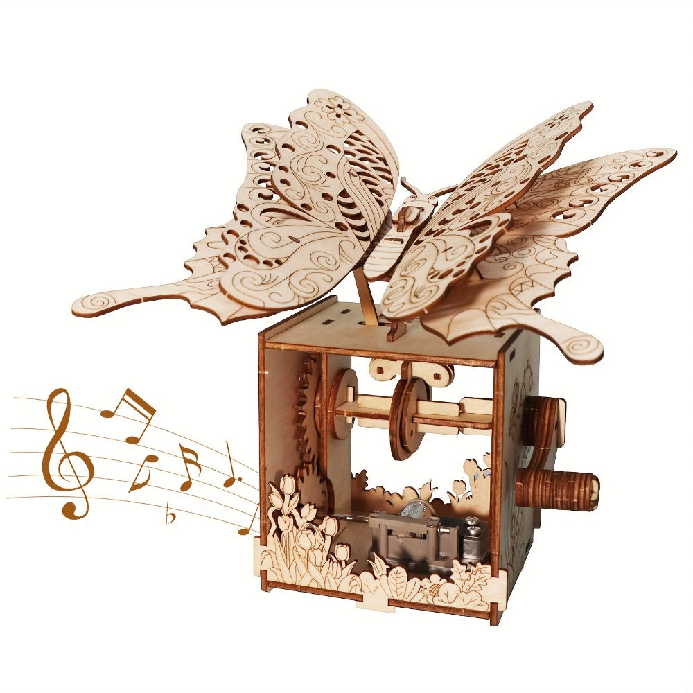 Wooden Butterfly Model Kit, Choose Color Display or Music Box Style