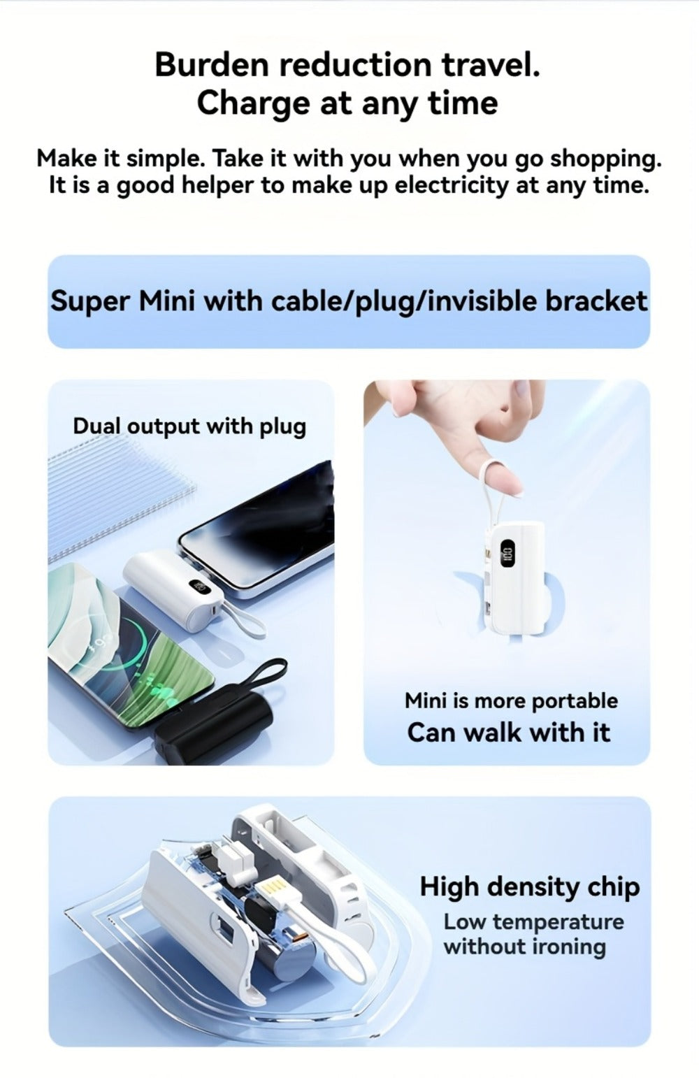Mini Power Bank 6000mAh LCD Digital Display 22.5W Fast Charging Portable Battery Pack Gift Set with Data Cable Bracelet iPhone USB-C Android Pink Black Purple