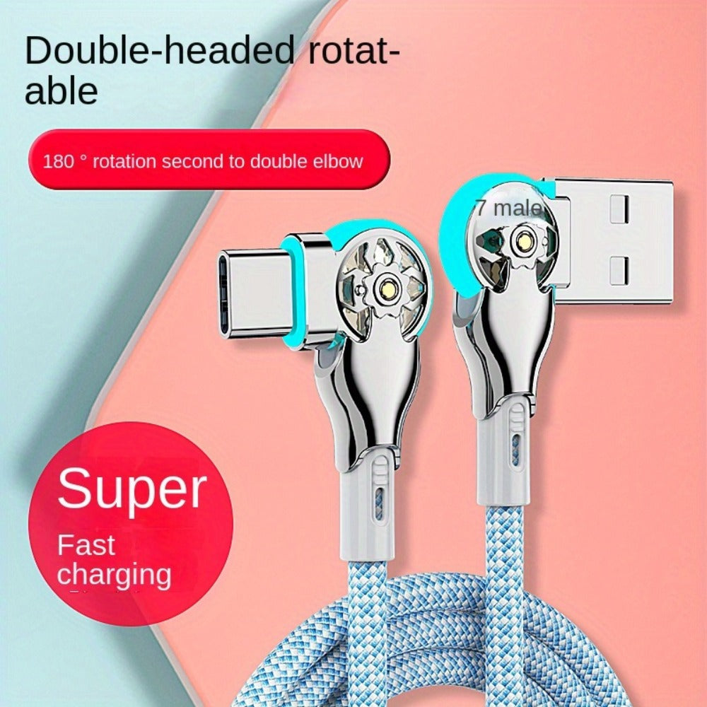 90 Degree USB-C Cable 65W Fast Charging with LED Light 6.56ft – Left Right Angle Double Elbow Type-C Data Cable for Samsung Galaxy S24 S23 Xiaomi Huawei Android Gaming Car Desk Setup