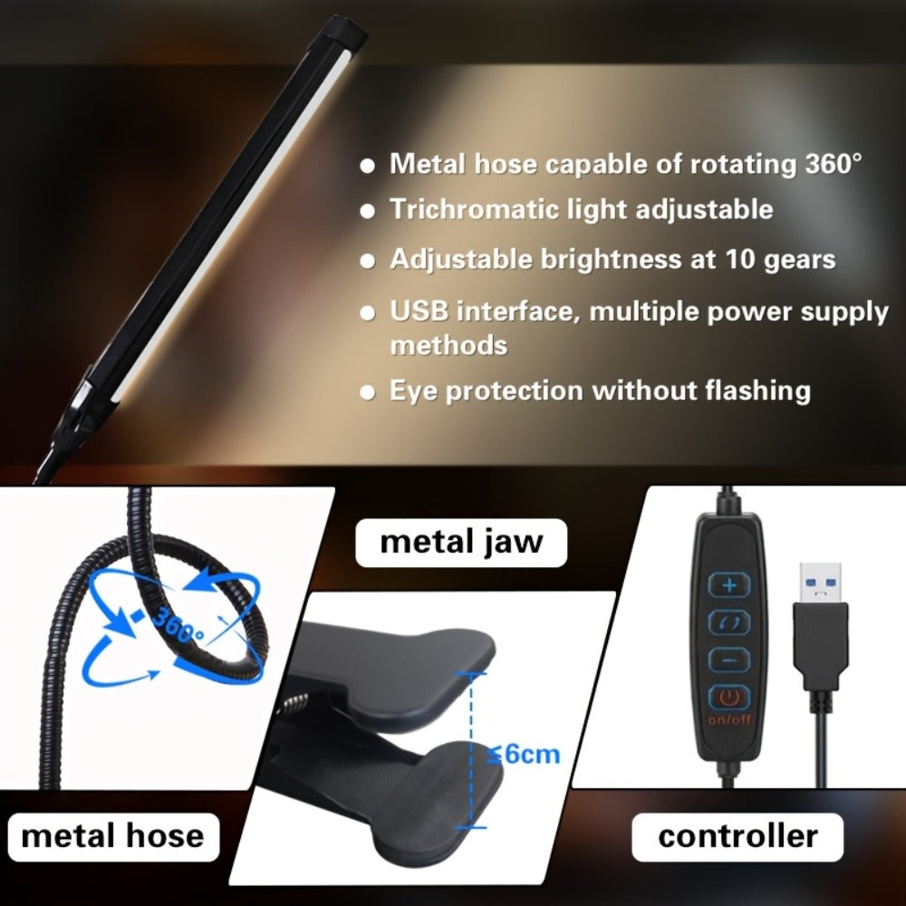 Clip-On LED Desk Lamp Flexible Gooseneck USB Powered – 3 Color Modes 10 Brightness Levels Swing Arm Clamp Light for Home Office Study Reading Crafts Gaming Bedroom – Black