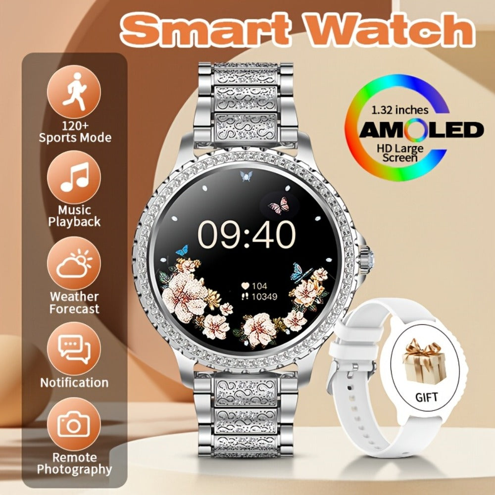 Elegant Smartwatch for Women Exclusive Watch Dials – 1.32" HD Screen Wireless Calling Fitness Tracker 20 Sports Modes Compatible with iPhone Android Gold Silver Black Gift for Her