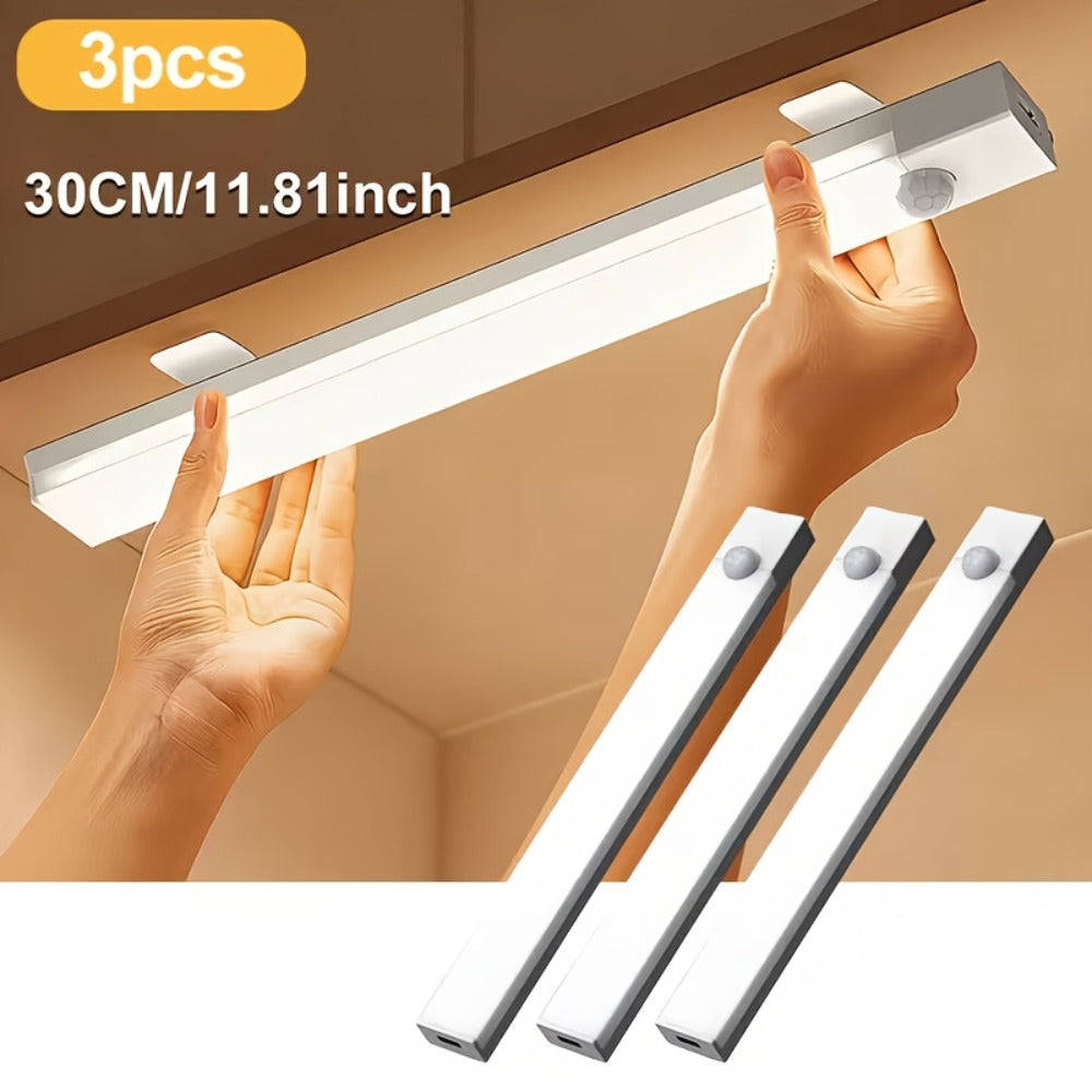 Rechargeable Motion Sensor LED Night Light 6 Pack - 400mAh USB, 3 Brightness Levels, Wireless Stick-On Bar for Cabinet, Stair, Bedroom, Kitchen & Hallway (3.94" / 7.87" / 11.8", 3 or 6 Pack)