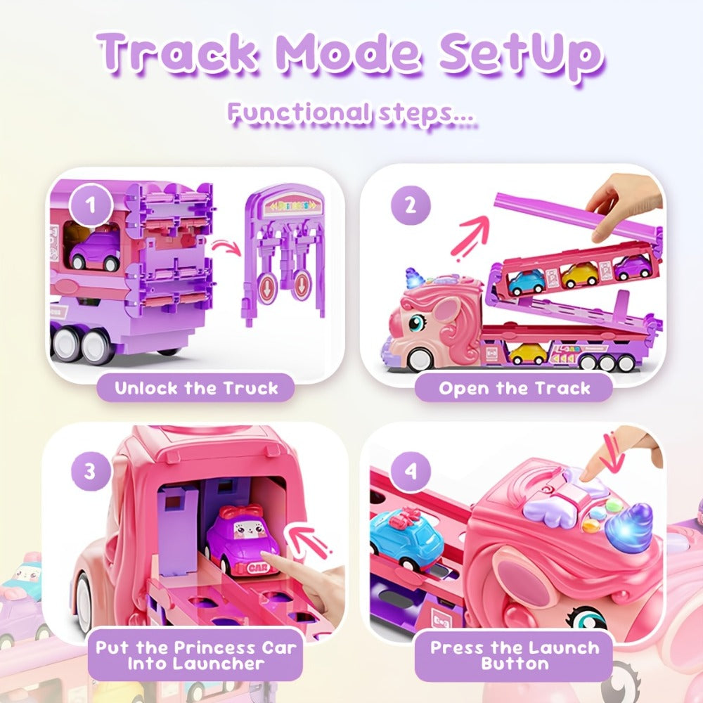 Unicorn Monster Truck Track Set with 8 Mini Cars and Fold-Out Race Track