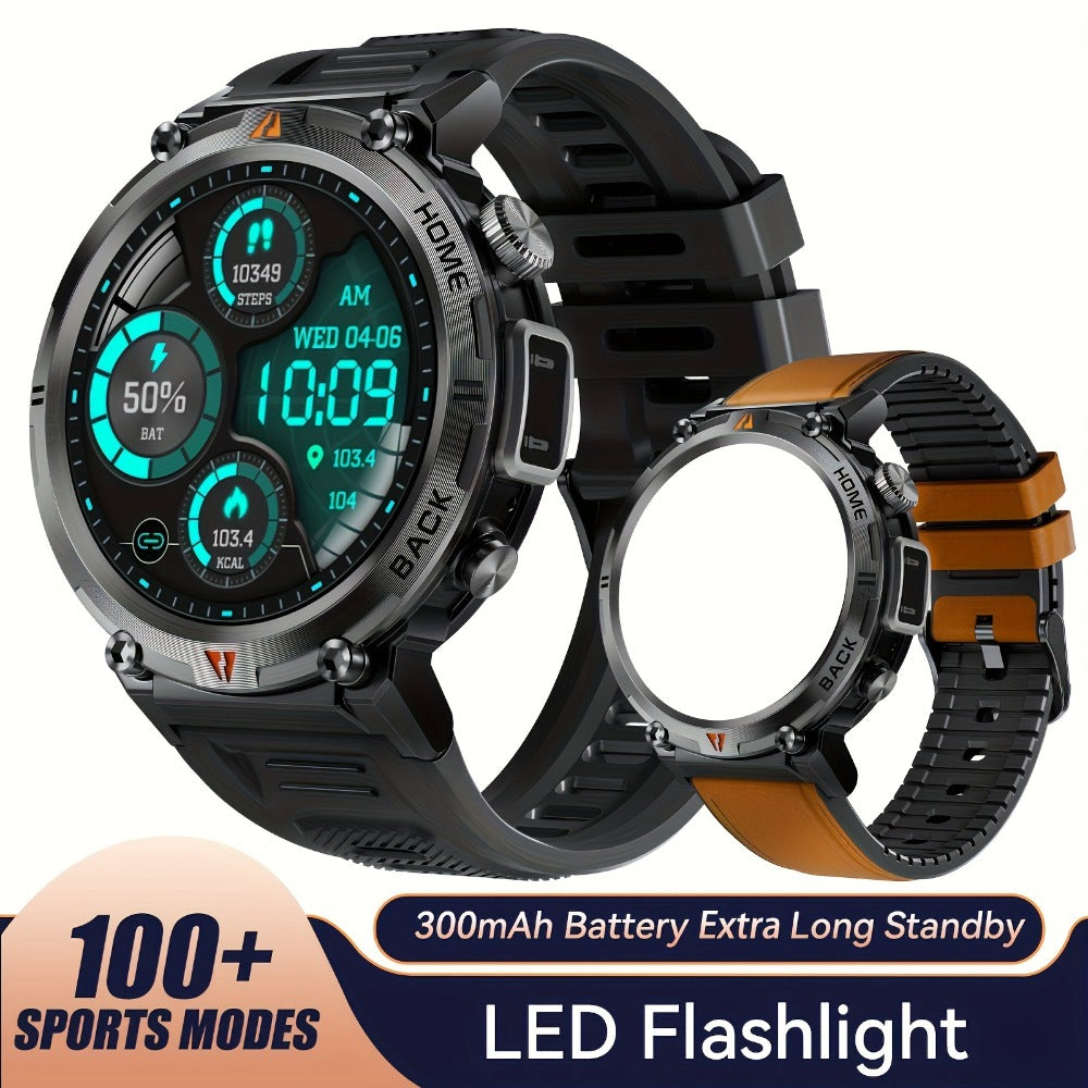 Tactical Smartwatch for Men LED Lighting 1.45 Inch 97% Screen Ratio Bluetooth 5.2 Wireless Calling Outdoor Fitness Tracker Heart Rate Blood Oxygen Sleep Pedometer iPhone Android Silicone Leather Strap Black Orange