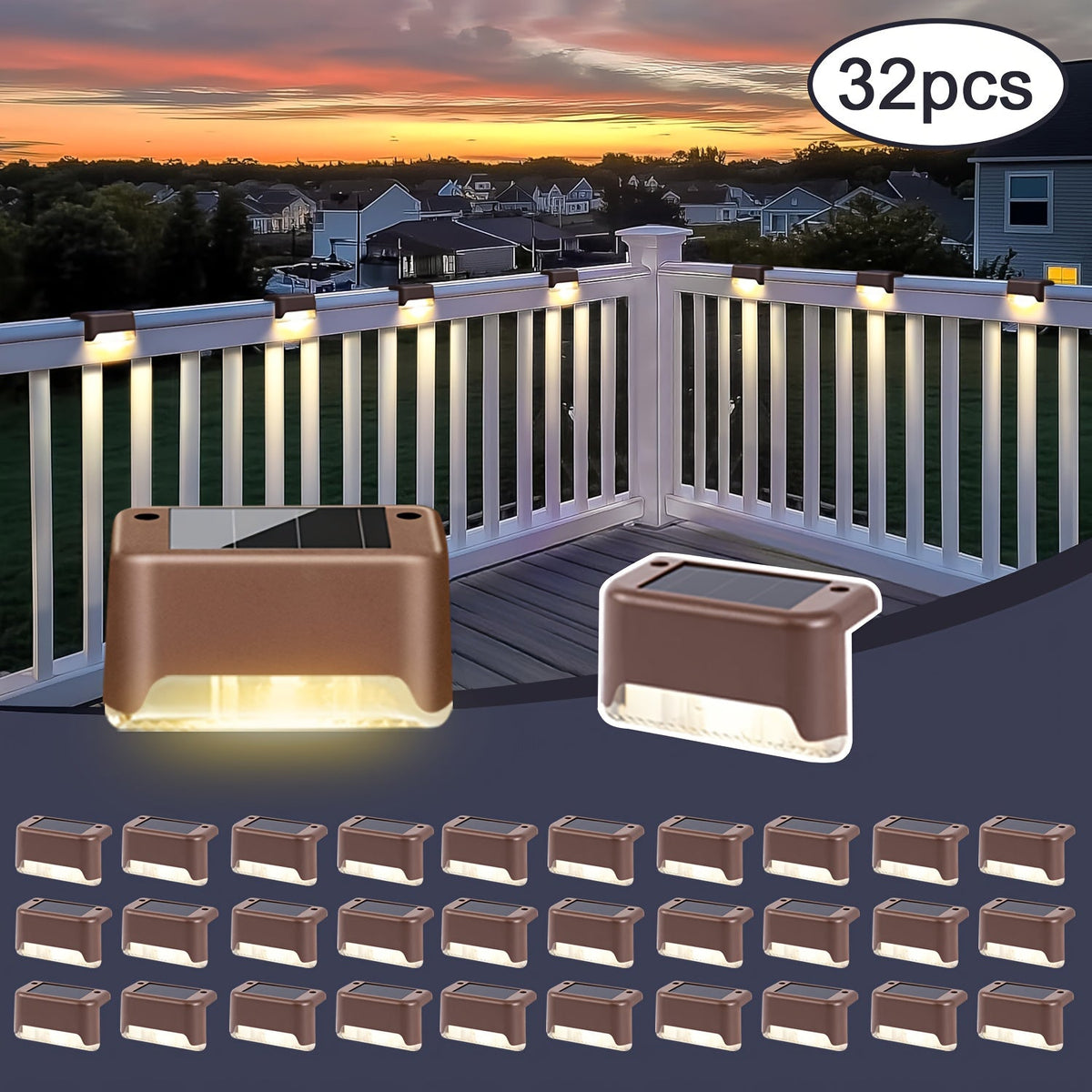 Solar Deck Lights Outdoor Waterproof Auto On Off – Warm White LED Step Stair Fence Lights 800mAh 12-Hour Runtime for Patio Balcony Yard Driveway Garden Black White Brown 8 16 32 Pack
