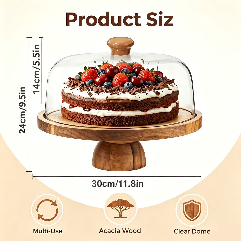 Cake Stand with Acrylic Dome Lid – Acacia Wood Serving Platter 2-in-1 Round Shatterproof Dessert Display Tray for Cheese Charcuterie Fruit Veggie Chips Party Table Centerpiece Holiday Gift