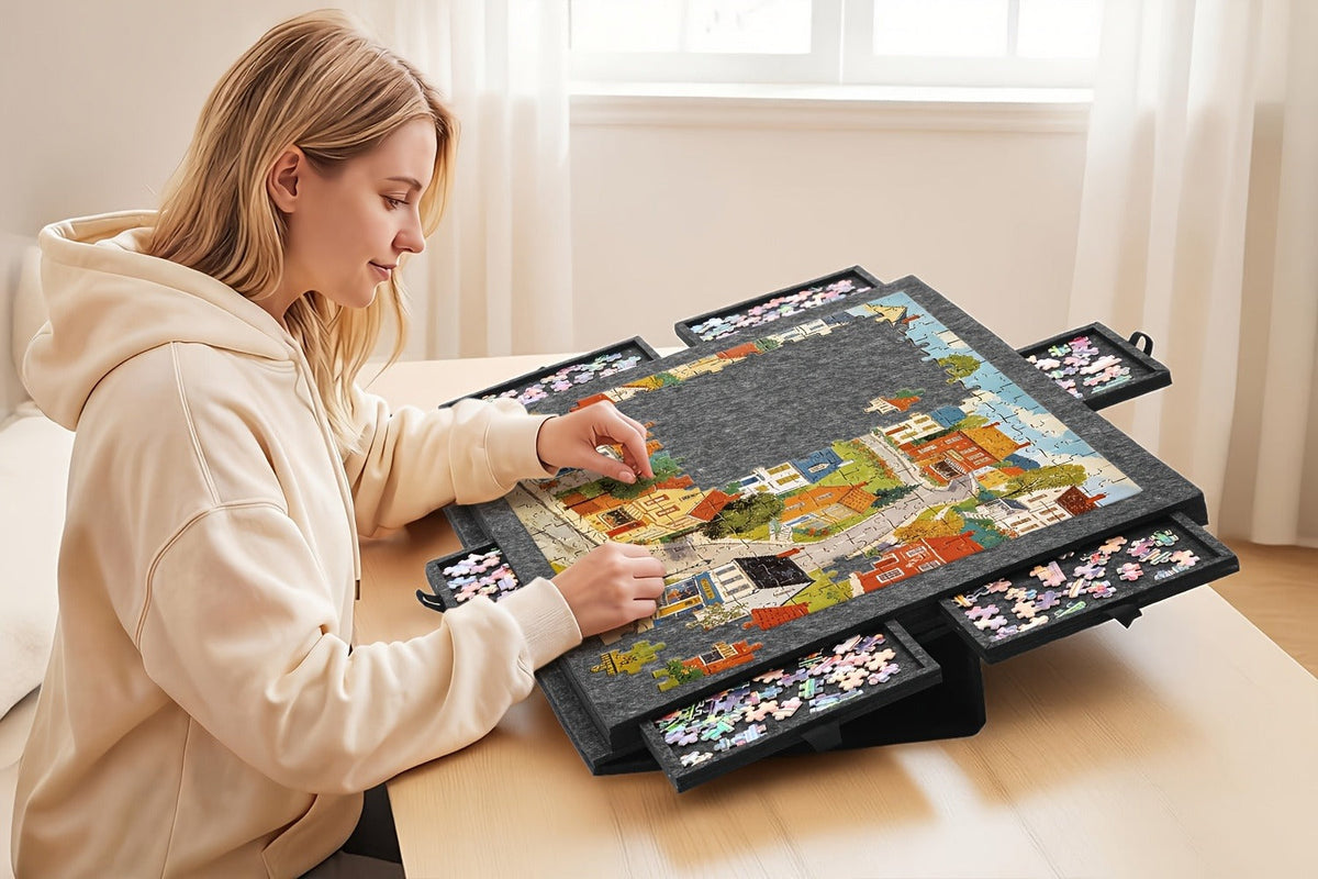 Roll-Up Puzzle Mat Board Extra Large – Foldaway Felt Mat for 1000 & 1500 Piece Jigsaw Puzzles, 6 Sorting Drawers, Portable Roll-Up Storage Solution for Puzzle Lovers Adults Seniors