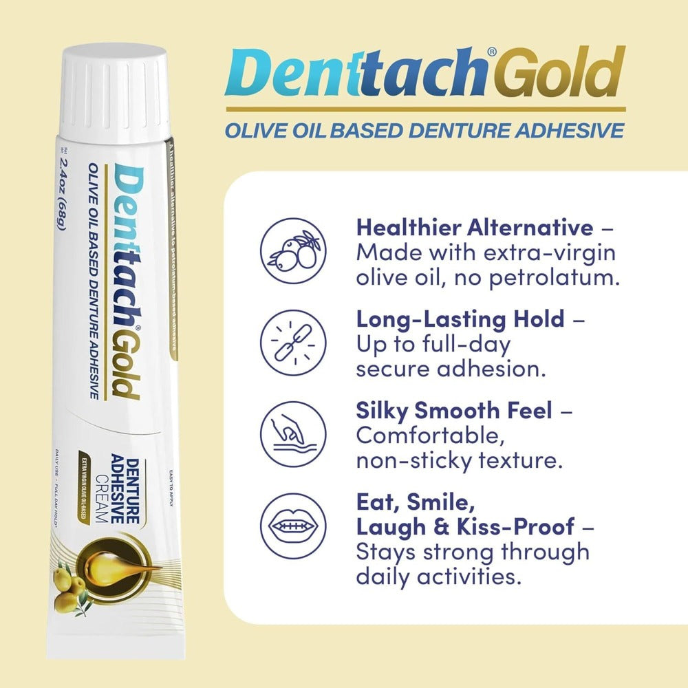 Denture Adhesive Cream – Olive Oil-Based All-Day Secure Hold for Full & Partial Dentures, Zinc-Free Petroleum-Free Non-Glue Cushion Soft Reliner, Tightens Loose Dentures, 2.4oz Natural Formula