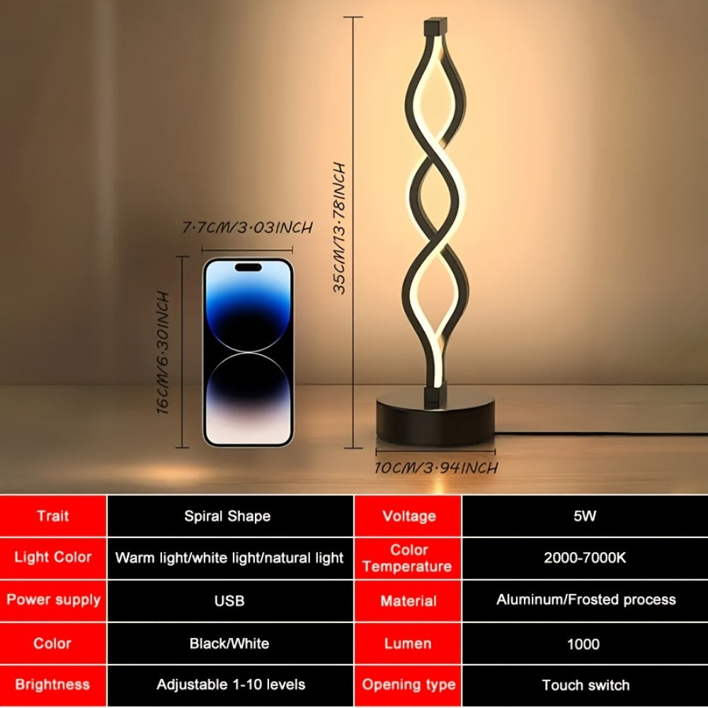 Spiral LED Table Lamp – Modern Minimalist Wave Dimmable Desk Lamp, 3 Color Temperatures, USB Charging, Metallic Base, Creative Curved Night Light for Bedroom Living Room Office Study (1pc / 2pc / Wooden)