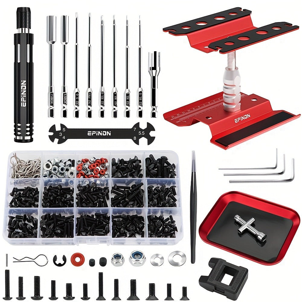 EPINON RC Car Maintenance Stand Tool Kit, 360° Rotating Work Stand with 520 Pc Screw Set