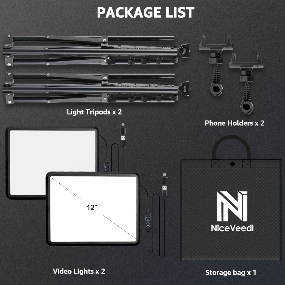 2-Pack LED Video Light Kit with Tripod Stand & Phone Holder | 2800-6500K Dimmable, CRI 97+, USB Powered Studio Lighting for YouTube, Vlogging, Gaming, Streaming & DSLR Photography