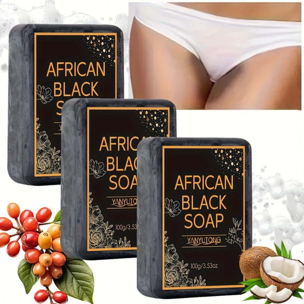 African Black Soap Bar 3-Pack 100g Each with Shea Butter & Coconut Oil — Deep Cleansing Moisturizing Face & Body Wash, Alcohol-Free Natural Soap for Acne, Dry, Oily & Sensitive Skin | All Skin Types