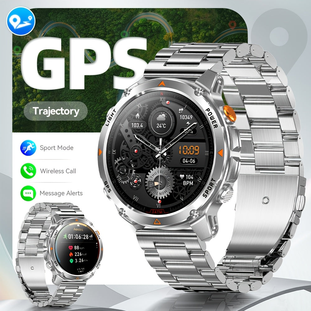 IPX8 Waterproof GPS Smartwatch for Men Outdoor Adventure 3ATM 1.46 Inch IPS Display Multi-Sport Tracking Wireless Calling Message Notifications Compatible with Android iPhone – Black Steel Silver Camouflage
